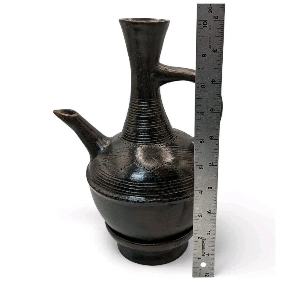 Vintage Ethiopian Jebena Pot Handmade with Stand Black Clay Coffee Pot Two Piece